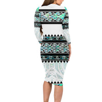 New Zealand Aotearoa Long Sleeve Bodycon Dress With Paua Shell Kowhaiwhai Pattern LT05 - Polynesian Pride