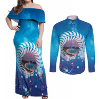 New Zealand Matapouri Beach Landscape Couples Matching Off Shoulder Maxi Dress and Long Sleeve Button Shirt LT05 Blue - Polynesian Pride