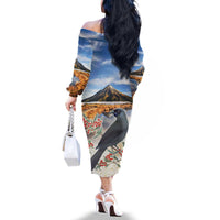 New Zealand Mount Taranaki Landscape Family Matching Off The Shoulder Long Sleeve Dress and Hawaiian Shirt Kokako Bird Polynesian Style