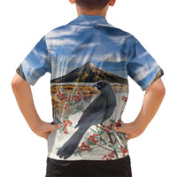 New Zealand Mount Taranaki Landscape Kid Hawaiian Shirt Kokako Bird Polynesian Style