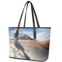 New Zealand Mount Taranaki Landscape Leather Tote Bag Kokako Bird Polynesian Style LT05 - Polynesian Pride