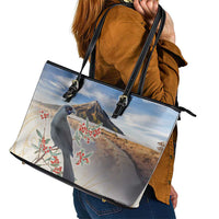 New Zealand Mount Taranaki Landscape Leather Tote Bag Kokako Bird Polynesian Style LT05 - Polynesian Pride