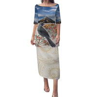 New Zealand Mount Taranaki Landscape Puletasi Kokako Bird Polynesian Style LT05 Long Dress Blue - Polynesian Pride