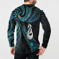 New Zealand Aotearoa Button Sweatshirt Maori Manaia Paua Shell Glitter Turquoise LT05 - Polynesian Pride