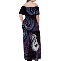 New Zealand Aotearoa Off Shoulder Maxi Dress Maori Manaia Paua Shell Glitter Purple