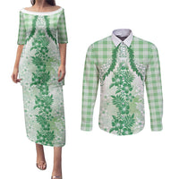 Aloha Hawaii Palaka Couples Matching Puletasi and Long Sleeve Button Shirt Green Plumeria Lei - Polynesian Pride