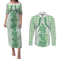 Aloha Hawaii Palaka Couples Matching Puletasi and Long Sleeve Button Shirt Green Plumeria Lei LT05 Green - Polynesian Pride