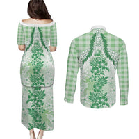 Aloha Hawaii Palaka Couples Matching Puletasi and Long Sleeve Button Shirt Green Plumeria Lei LT05 - Polynesian Pride