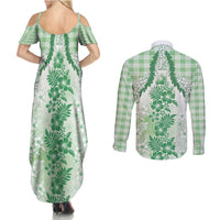 Aloha Hawaii Palaka Couples Matching Summer Maxi Dress and Long Sleeve Button Shirt Green Plumeria Lei LT05 - Polynesian Pride