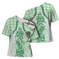 Aloha Hawaii Palaka Cross Shoulder Shirt Green Plumeria Lei LT05 - Polynesian Pride