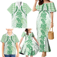 Aloha Hawaii Palaka Family Matching Mermaid Dress and Hawaiian Shirt Green Plumeria Lei - Polynesian Pride