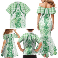 Aloha Hawaii Palaka Family Matching Mermaid Dress and Hawaiian Shirt Green Plumeria Lei - Polynesian Pride