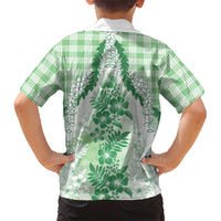 Aloha Hawaii Palaka Family Matching Off The Shoulder Long Sleeve Dress and Hawaiian Shirt Green Plumeria Lei - Polynesian Pride