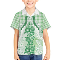 Aloha Hawaii Palaka Family Matching Off The Shoulder Long Sleeve Dress and Hawaiian Shirt Green Plumeria Lei - Polynesian Pride