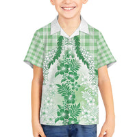 Aloha Hawaii Palaka Family Matching Off Shoulder Maxi Dress and Hawaiian Shirt Green Plumeria Lei - Polynesian Pride