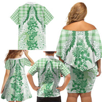 Aloha Hawaii Palaka Family Matching Off Shoulder Short Dress and Hawaiian Shirt Green Plumeria Lei - Polynesian Pride