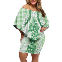 Aloha Hawaii Palaka Family Matching Off Shoulder Short Dress and Hawaiian Shirt Green Plumeria Lei - Polynesian Pride