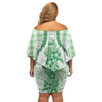 Aloha Hawaii Palaka Family Matching Off Shoulder Short Dress and Hawaiian Shirt Green Plumeria Lei - Polynesian Pride