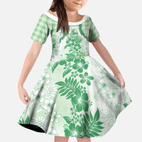 Aloha Hawaii Palaka Family Matching Short Sleeve Bodycon Dress and Hawaiian Shirt Green Plumeria Lei - Polynesian Pride