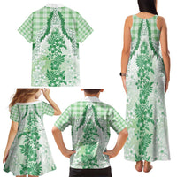 Aloha Hawaii Palaka Family Matching Tank Maxi Dress and Hawaiian Shirt Green Plumeria Lei - Polynesian Pride