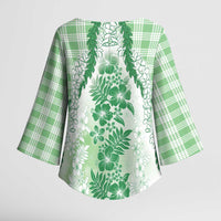 Aloha Hawaii Palaka Kimono Sleeve Blouse Green Plumeria Lei - Polynesian Pride