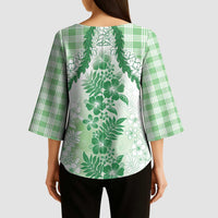 Aloha Hawaii Palaka Kimono Sleeve Blouse Green Plumeria Lei - Polynesian Pride