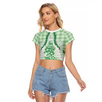 Aloha Hawaii Palaka Raglan Cropped T Shirt Green Plumeria Lei LT05 Female Green - Polynesian Pride