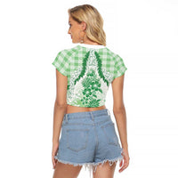 Aloha Hawaii Palaka Raglan Cropped T Shirt Green Plumeria Lei LT05 - Polynesian Pride