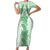 Aloha Hawaii Palaka Short Sleeve Bodycon Dress Green Plumeria Lei LT05 Long Dress Green - Polynesian Pride