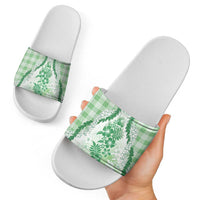 Aloha Hawaii Palaka Slide Sandals Green Plumeria Lei - Polynesian Pride