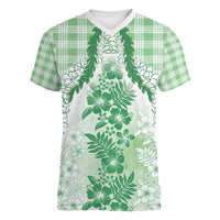Aloha Hawaii Palaka Women V-Neck T-Shirt Green Plumeria Lei LT05 Female Green - Polynesian Pride