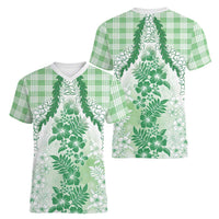 Aloha Hawaii Palaka Women V-Neck T-Shirt Green Plumeria Lei LT05 - Polynesian Pride