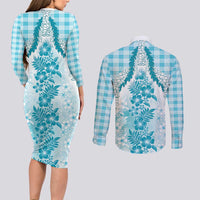 Aloha Hawaii Palaka Couples Matching Long Sleeve Bodycon Dress and Long Sleeve Button Shirt Blue Plumeria Lei - Polynesian Pride