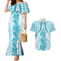Aloha Hawaii Palaka Couples Matching Mermaid Dress and Hawaiian Shirt Blue Plumeria Lei LT05 Blue - Polynesian Pride