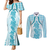 Aloha Hawaii Palaka Couples Matching Mermaid Dress and Long Sleeve Button Shirt Blue Plumeria Lei - Polynesian Pride