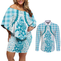 Aloha Hawaii Palaka Couples Matching Off Shoulder Short Dress and Long Sleeve Button Shirt Blue Plumeria Lei - Polynesian Pride