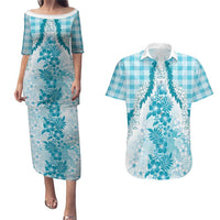 Aloha Hawaii Palaka Couples Matching Puletasi and Hawaiian Shirt Blue Plumeria Lei LT05 Blue - Polynesian Pride