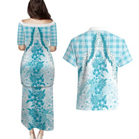Aloha Hawaii Palaka Couples Matching Puletasi and Hawaiian Shirt Blue Plumeria Lei LT05 - Polynesian Pride