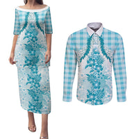 Aloha Hawaii Palaka Couples Matching Puletasi and Long Sleeve Button Shirt Blue Plumeria Lei LT05 Blue - Polynesian Pride