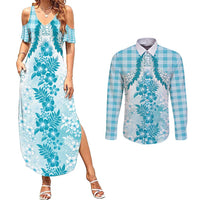 Aloha Hawaii Palaka Couples Matching Summer Maxi Dress and Long Sleeve Button Shirt Blue Plumeria Lei - Polynesian Pride