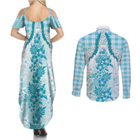 Aloha Hawaii Palaka Couples Matching Summer Maxi Dress and Long Sleeve Button Shirt Blue Plumeria Lei - Polynesian Pride
