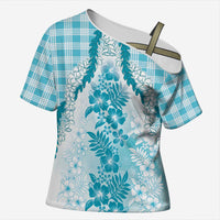Aloha Hawaii Palaka Cross Shoulder Shirt Blue Plumeria Lei LT05 Female Blue - Polynesian Pride