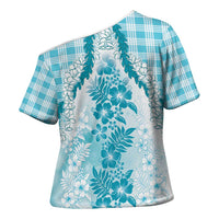 Aloha Hawaii Palaka Cross Shoulder Shirt Blue Plumeria Lei LT05 - Polynesian Pride