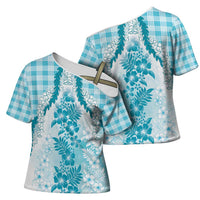 Aloha Hawaii Palaka Cross Shoulder Shirt Blue Plumeria Lei LT05 - Polynesian Pride