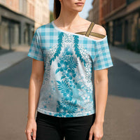 Aloha Hawaii Palaka Cross Shoulder Shirt Blue Plumeria Lei LT05 - Polynesian Pride
