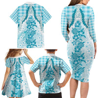 Aloha Hawaii Palaka Family Matching Long Sleeve Bodycon Dress and Hawaiian Shirt Blue Plumeria Lei - Polynesian Pride