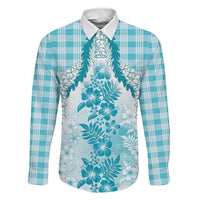 Aloha Hawaii Palaka Family Matching Long Sleeve Bodycon Dress and Hawaiian Shirt Blue Plumeria Lei LT05 Dad's Shirt - Long Sleeve Blue - Polynesian Pride
