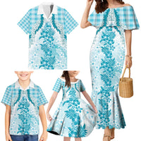 Aloha Hawaii Palaka Family Matching Mermaid Dress and Hawaiian Shirt Blue Plumeria Lei - Polynesian Pride