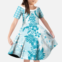 Aloha Hawaii Palaka Family Matching Off The Shoulder Long Sleeve Dress and Hawaiian Shirt Blue Plumeria Lei - Polynesian Pride