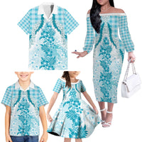 Aloha Hawaii Palaka Family Matching Off The Shoulder Long Sleeve Dress and Hawaiian Shirt Blue Plumeria Lei - Polynesian Pride
